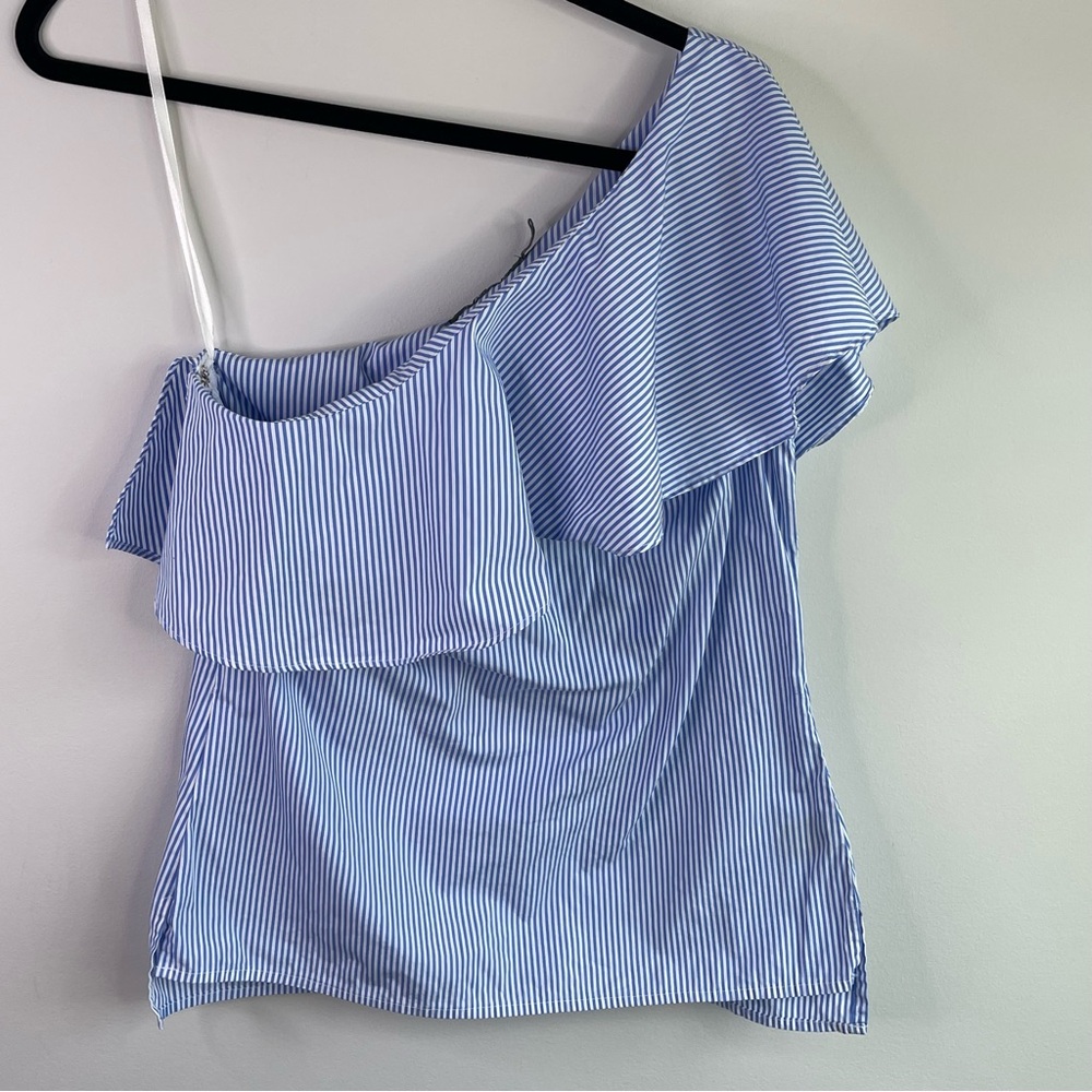 Lauren Ralph Lauren Striped One Shoulder Blouse With Ruffle Accent Size 2 - Picture 2 of 5